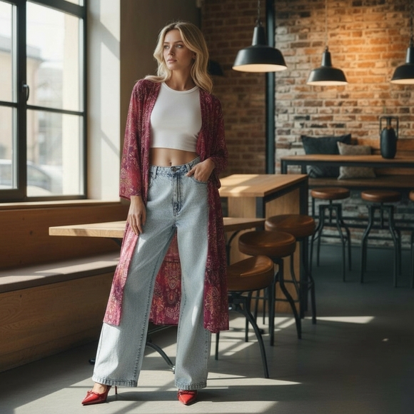 Bohemian Floral Sheer Long Sleeve Duster Size Large EUC - Picture 8 of 8